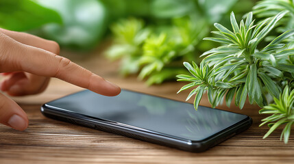 Finger touches smartphone screen among lush green plants