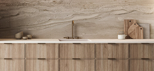 Contemporary kitchen design emphasizing neutral tones, natural wood, and sublime marble textures. 3d rendering. High quality 3d illustration