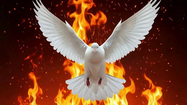 Dramatic video reveals soaring white dove amidst intense fiery flames, symbolizing peace and hope in times of adversity and challenge