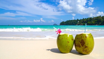 Tropical beach scene with turquoise water, white sand, clear sky, and two coconuts with straws and flower decorations
