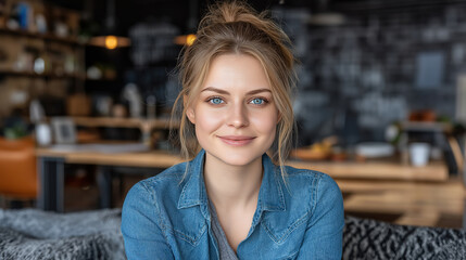 Young woman smiles warmly in cozy café setting