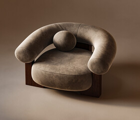 Modern organic. A 3d render armchair with plush curves and a suede like texture, merging luxury with a contemporary biomorphic design