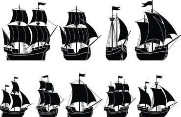 Vintage sailing ship silhouette collection, old pirate vessels vector set, historic galleon icons, black nautical ships illustration, maritime adventure symbols isolated