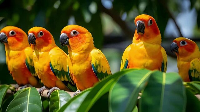 Vibrant flock of Sun Conure parrots perched together on branch, creating a colorful and lively scene in a tropical paradise setting
