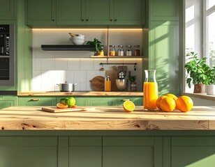 Modern kitchen interior with wooden counter, green cabinets, and fresh orange juice- 3D rendering