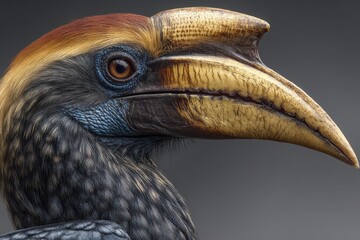 Close up portrait showcases wreathed hornbill bird with large beak and bright red eye, revealing intricate plumage detail
