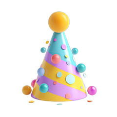 A vibrant, 3D party hat with colorful polka dots and swirling stripes, adorned with bouncy spheres