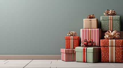 Festive gifts piled by a green wall
