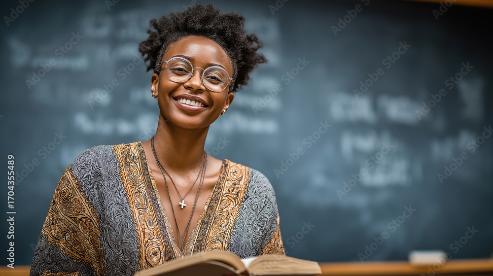 Poster educator engages students with enthusiasm in classroom setting