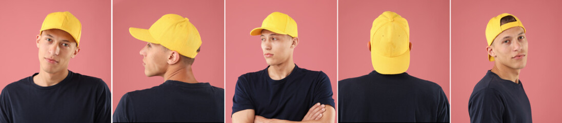 Young man wearing stylish yellow baseball hat on pink background. Collage of photos