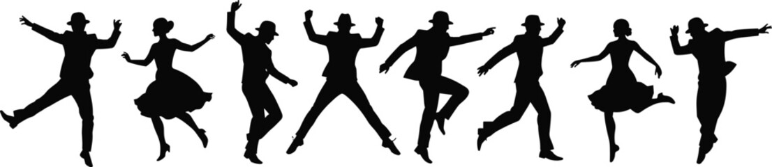 Obraz premium Silhouette dancers performing energetic jazz and swing dance moves, vintage couple choreography, retro dance party, jump action, isolated on white background