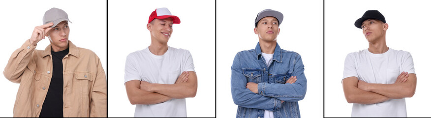 Young man wearing stylish baseball hats. Collage of photos on white background