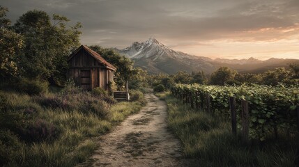 vineyard path leads to rustic hut mountain sunset backdrop