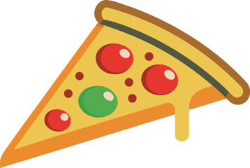 Vector art of a delicious slice of pizza with melted cheese and toppings, isolated on a