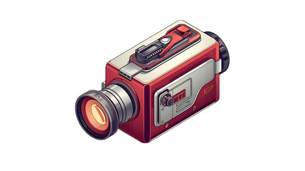 Fototapeta premium Retro red vintage film camera with a glowing lens and intricate details on a white background