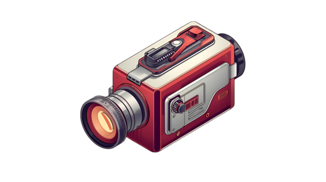 Retro red vintage film camera with a glowing lens and intricate details on a white background