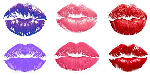 Lipstick kiss marks in different colors on white background, set
