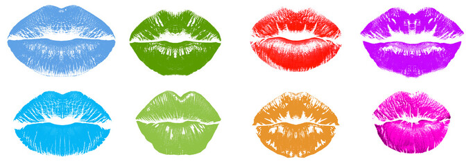 Lipstick kiss marks in different colors on white background, set