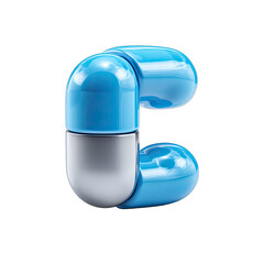 3D render of the letter "C" formed by two linked, stylized, light-blue and gray capsules