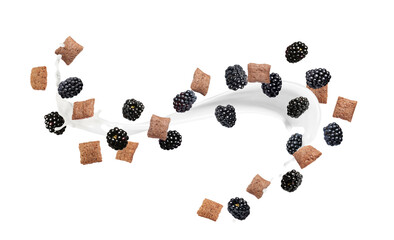 Splashing milk with sweet corn pads and fresh blackberries in air against white background. Healthy breakfast