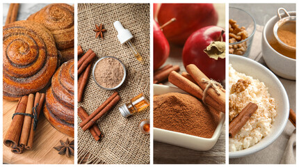 Cinnamon oil, powder and sticks. Pastry and dish with added spice. Collage of pictures
