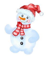 Hand drawn Watercolor Adorable winter cartoon snowman. Festive Christmas  snowman illustration wearing red Santa hat and striped scarf with carrot nose and button details in watercolor style