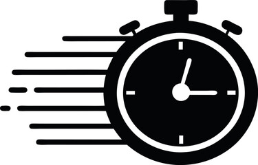 Vector art of black stopwatch icon with motion lines, symbolizing speed, time, and quickness in a minimalist design