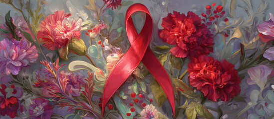 World AIDS Day awareness banner with red ribbon and floral design.