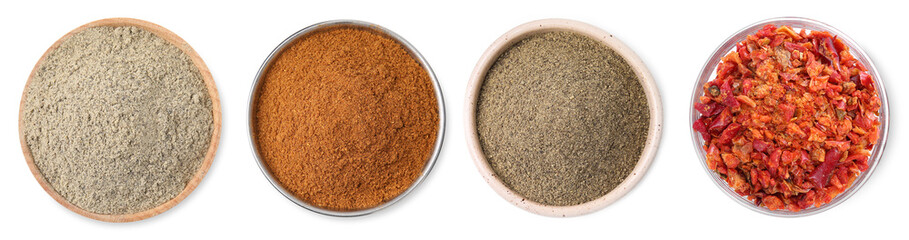 Various types of peppers in bowls isolated on white, set. Top view