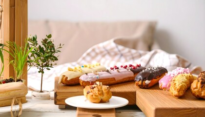 Artistic Delicious Eclair Pastry with Colorful Glaze Dessert Arrangement Food