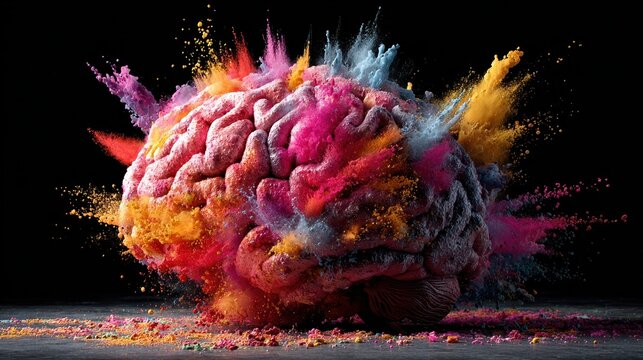 dramatic photo realistic image of a brain exploding with colorful elements representing creative energy and ideas