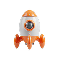 Orange and white rocket-shaped object, likely a toy or design element.  A large, round camera-like lens is visible in the center of the white section.  The rocket has a glossy finish