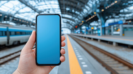 Hand holding smartphone on train platform in modern station