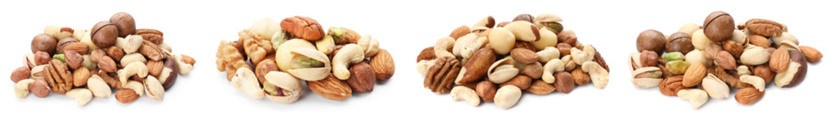 Fototapeta premium Nuts mix in heaps isolated on white, set
