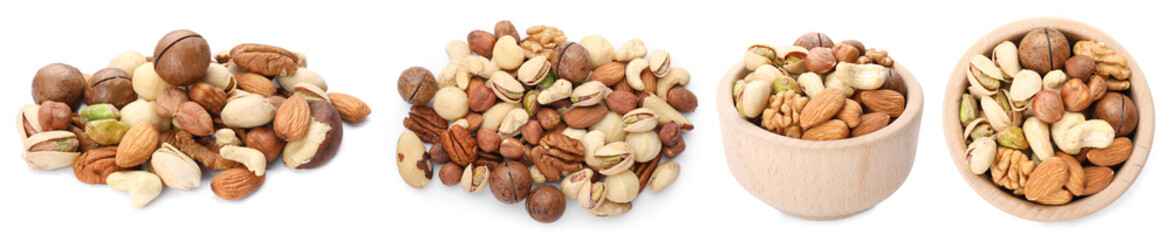 Mix of different nuts isolated on white, set