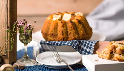 Rustic Homemade Bundt Cake Dessert Display with Fresh Flower Decoration