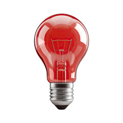 A single, vibrant red lightbulb against a black background.  The bulb is glossy, and the filament is visible within