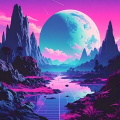 Colorful alien landscape with a large moon