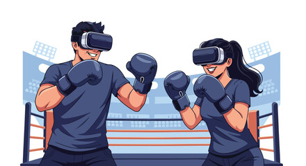Flat vector illustration of two players boxing with virtual reality headsets in a digital arena, combining sports, fitness, and immersive gaming for a modern competitive experience