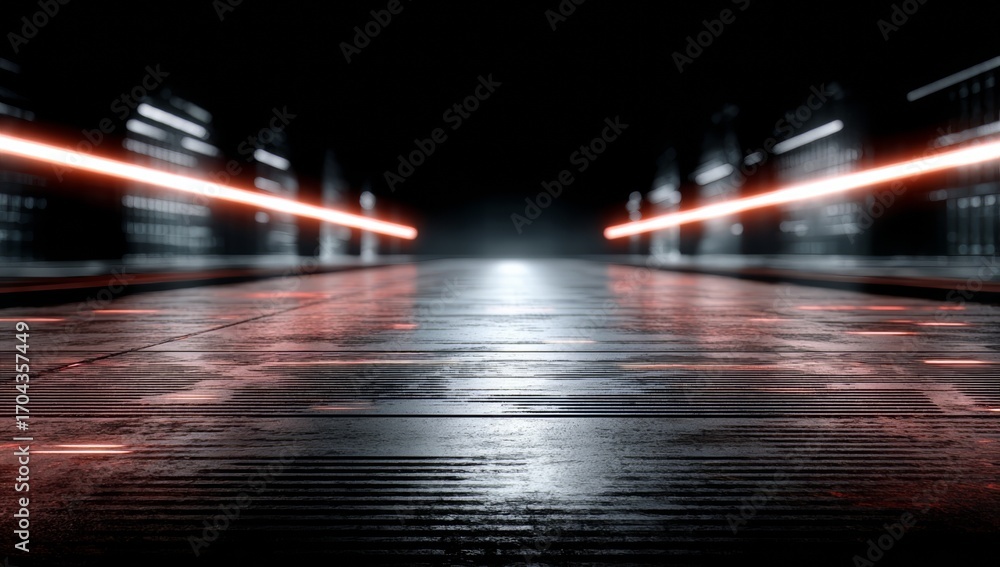Poster long, empty road with a bright red line running down the middle. the road is empty. scene is eerie a