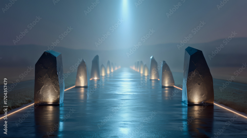 Poster serene and peaceful scene with a long, illuminated path running alongside a calm river. the path is 