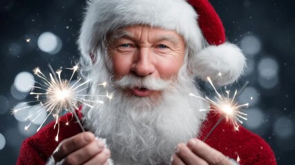 A smiling man in a red Santa hat holding a sparkler. The man is surrounded by a blurry background - Powered by Adobe