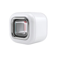 Small, white, square device with a metallic ring.  A transparent window reveals a small, inner square area with pinkish tones inside.  Modern aesthetic