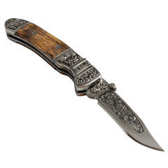 Ornate, pocket-knife with wood handle.  Engraved, detailed metal blade and handle