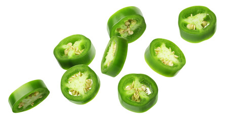 Jalapeno pepper pieces flying against white background