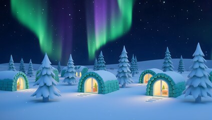 Serene winter night with glowing igloos, snow-covered trees, aurora borealis, and festive decor creating a magical and peaceful scene.