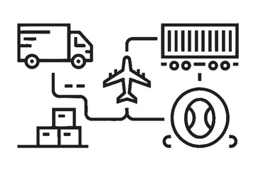 Logistics flow chart with truck airplane cargo container and boxes