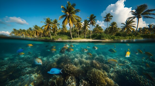 A split-level view of a serene tropical beach, with the lower half submerged underwater featuring an array of vibrant fish in shades of blue