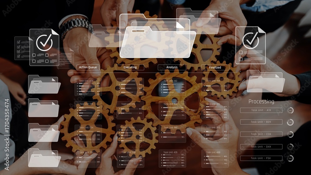 Poster an engaging scene showcasing hands working together around gears, with a digital interface displayin
