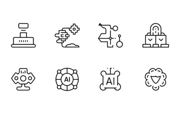 Set of eight abstract line art icons related to technology and A I